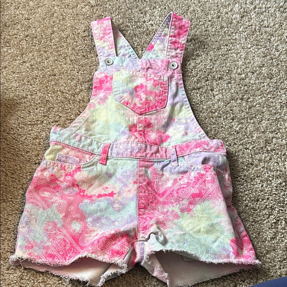 Girls' Pink Multicolor Tie-Dye Short Overalls